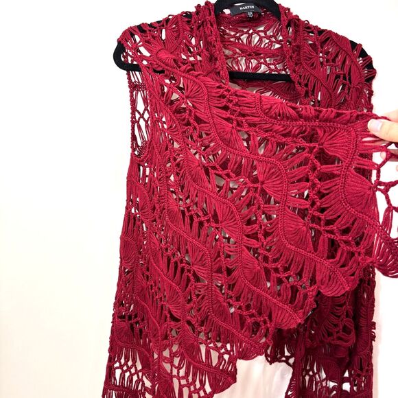 Kaktus Red Open Knit Crochet Kimono S/M Shrug Vest Top Boho Romantic Valentines - Picture 2 of 11
